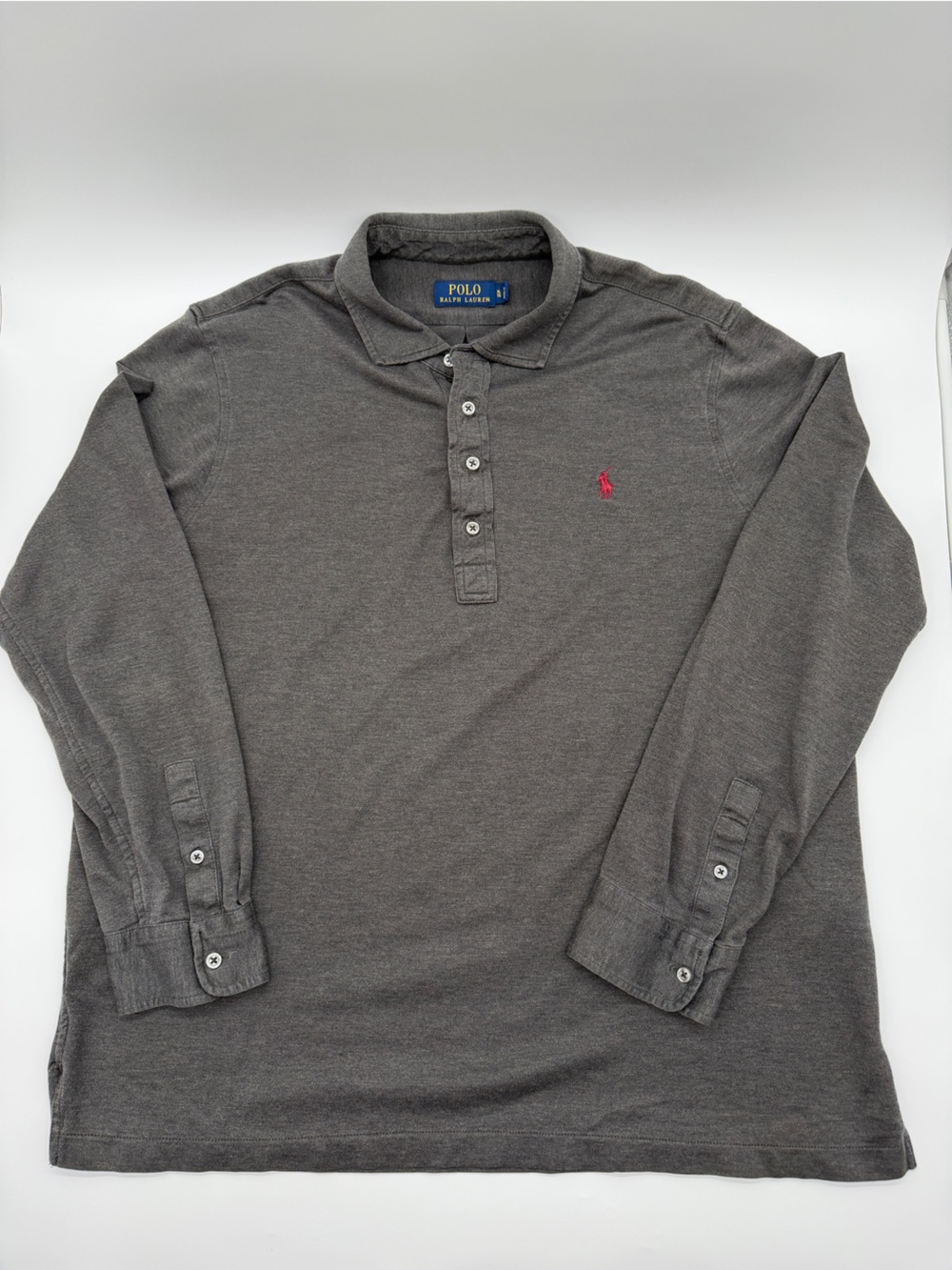 Men's XL Long Sleeve Henley Polo Shirt Charcoal Gray Red Pony Classic Casual